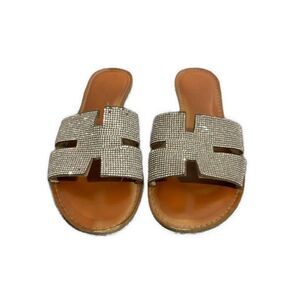 Rock & Candy Womens Silver Embellished Rhinestone Flat Slide Sandals 7